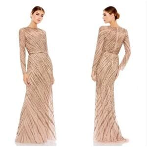 Elegant Nude Color Beaded Evening Gown